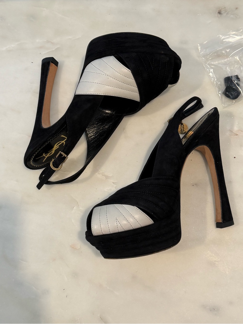 Yves Saint Laurent Black and White Suede Peep-Toe Platform Slingbacks